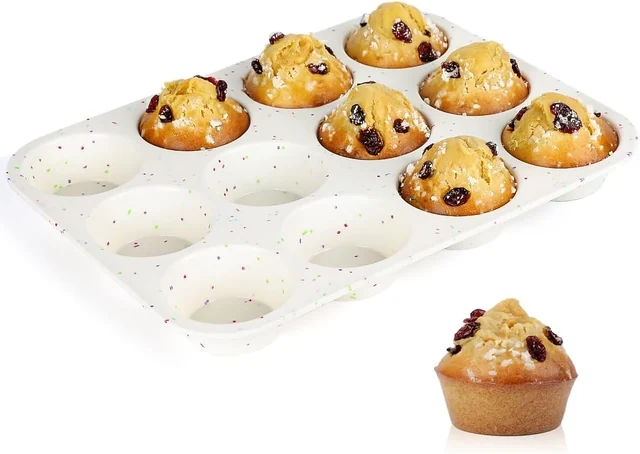 Confetti 12-cup silicone muffin pan with baked muffins