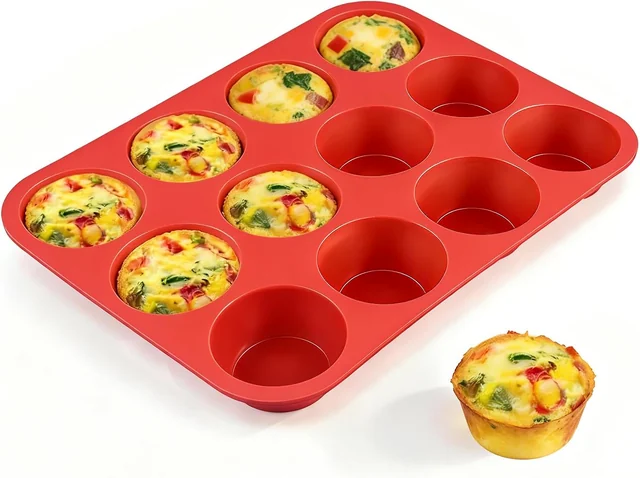 Red 12-cup silicone muffin pan with egg bites