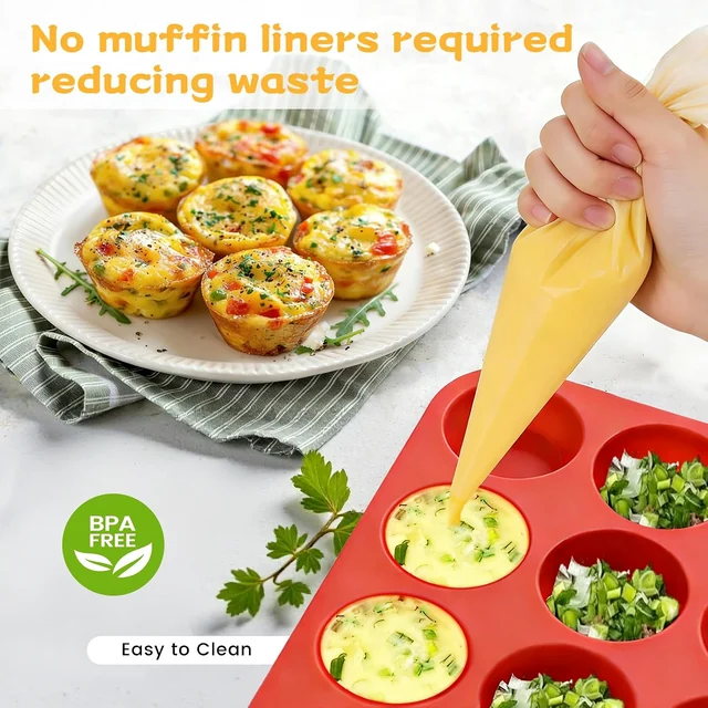 Filling the red muffin pan for savory egg bites