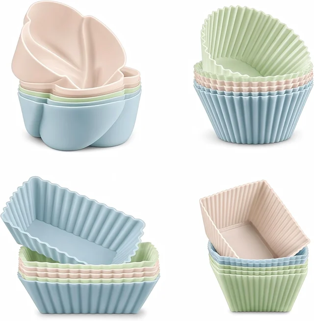 Twenty-four reusable baking cups in four shapes